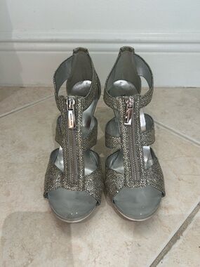 Michael Kors Silver Glitter Zip-Strap High Heel Sandals